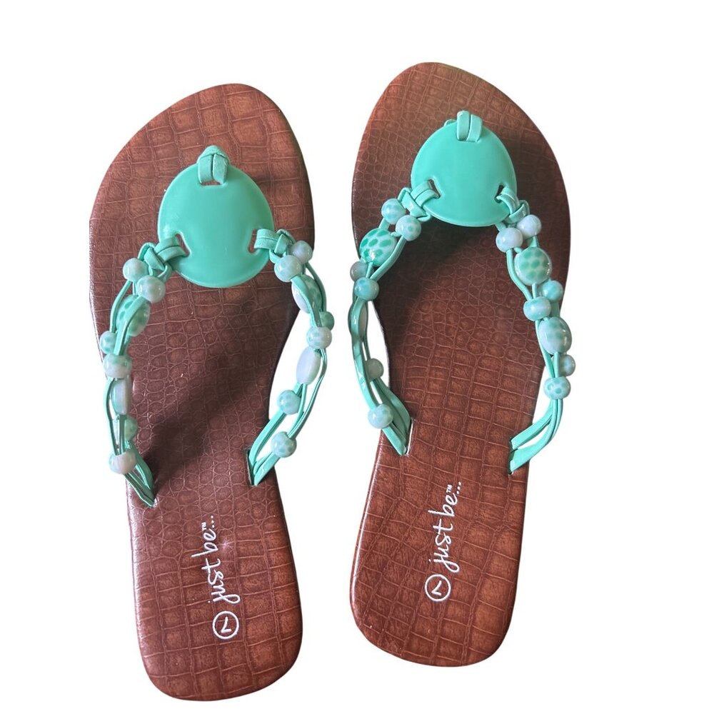 Just Be Womens Teal Beaded Flip Flops Sandals Size 7 With Croc-Embossed Soles